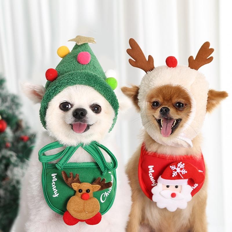 Pet Christmas Hat Saliva Festive Dressing Supplies Bibs Green