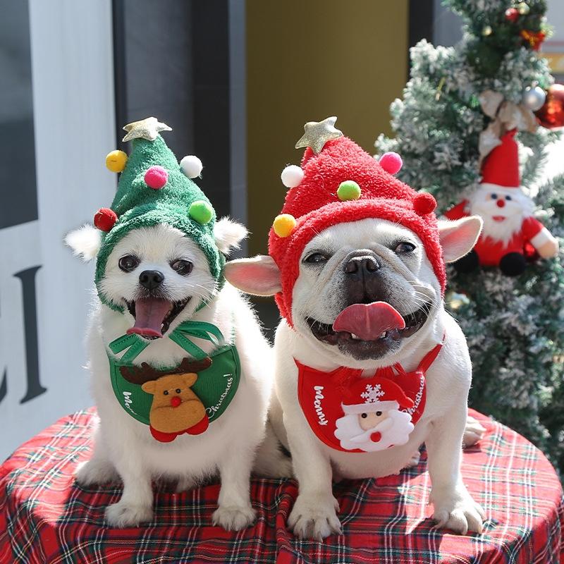 Pet Christmas Hat Saliva Festive Dressing Supplies Bibs Green