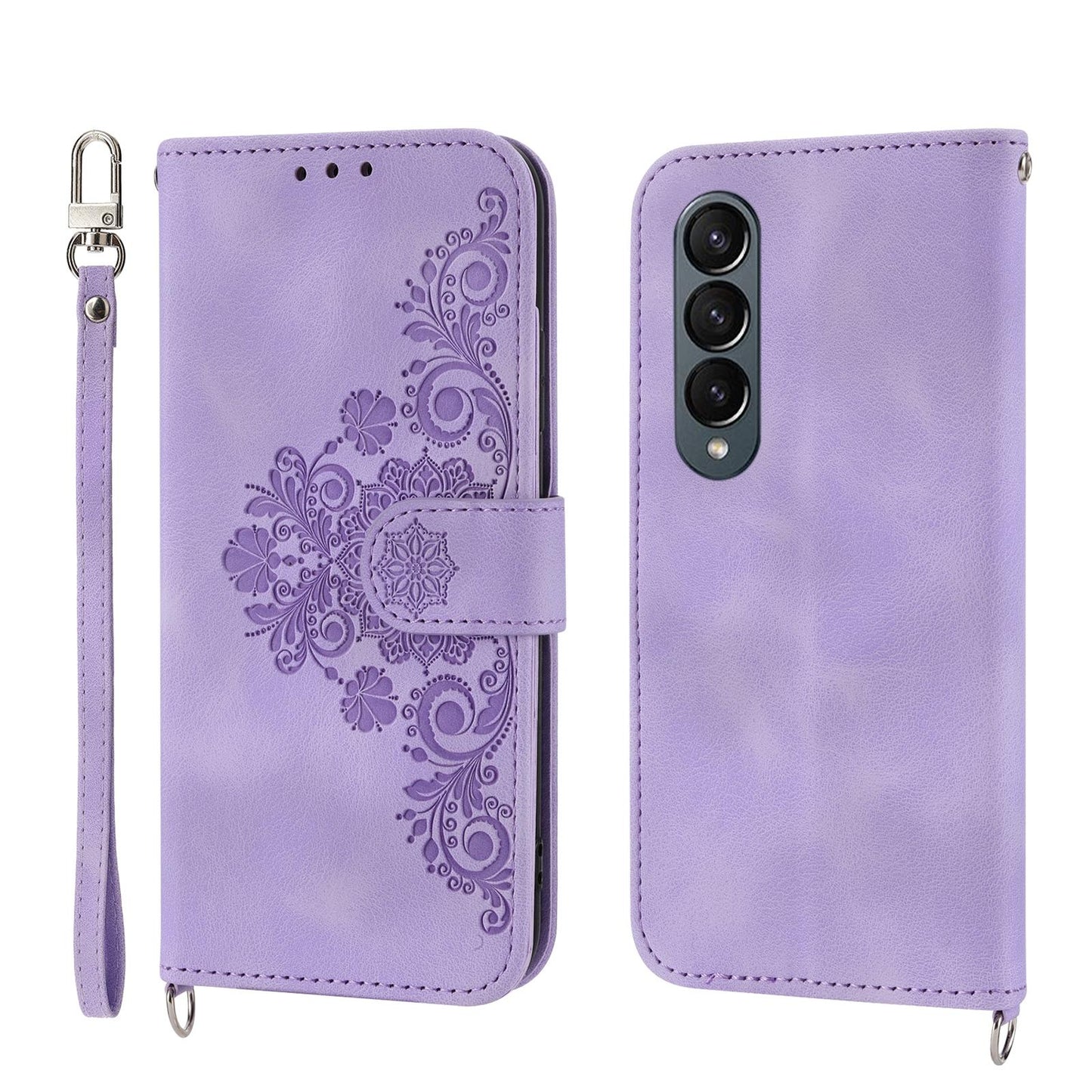 Floral Leather Phone Wallet for Samsung Galaxy z Fold 4 - Embossed - Purple