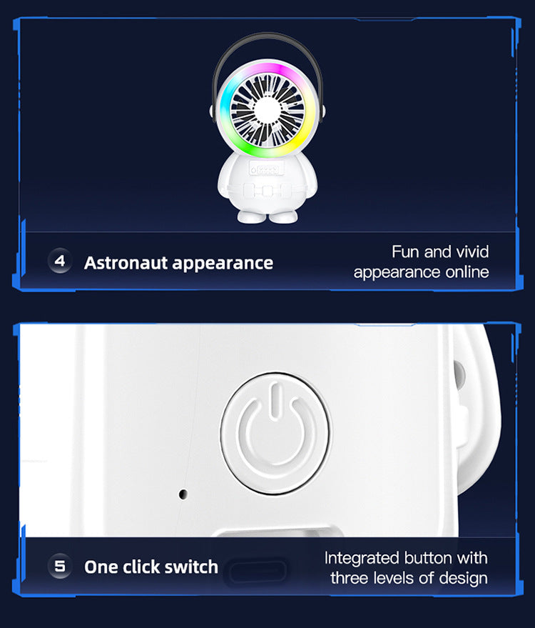 Green Astronaut Portable Fan - USB Rechargeable Desk Fan with RGB Night Light