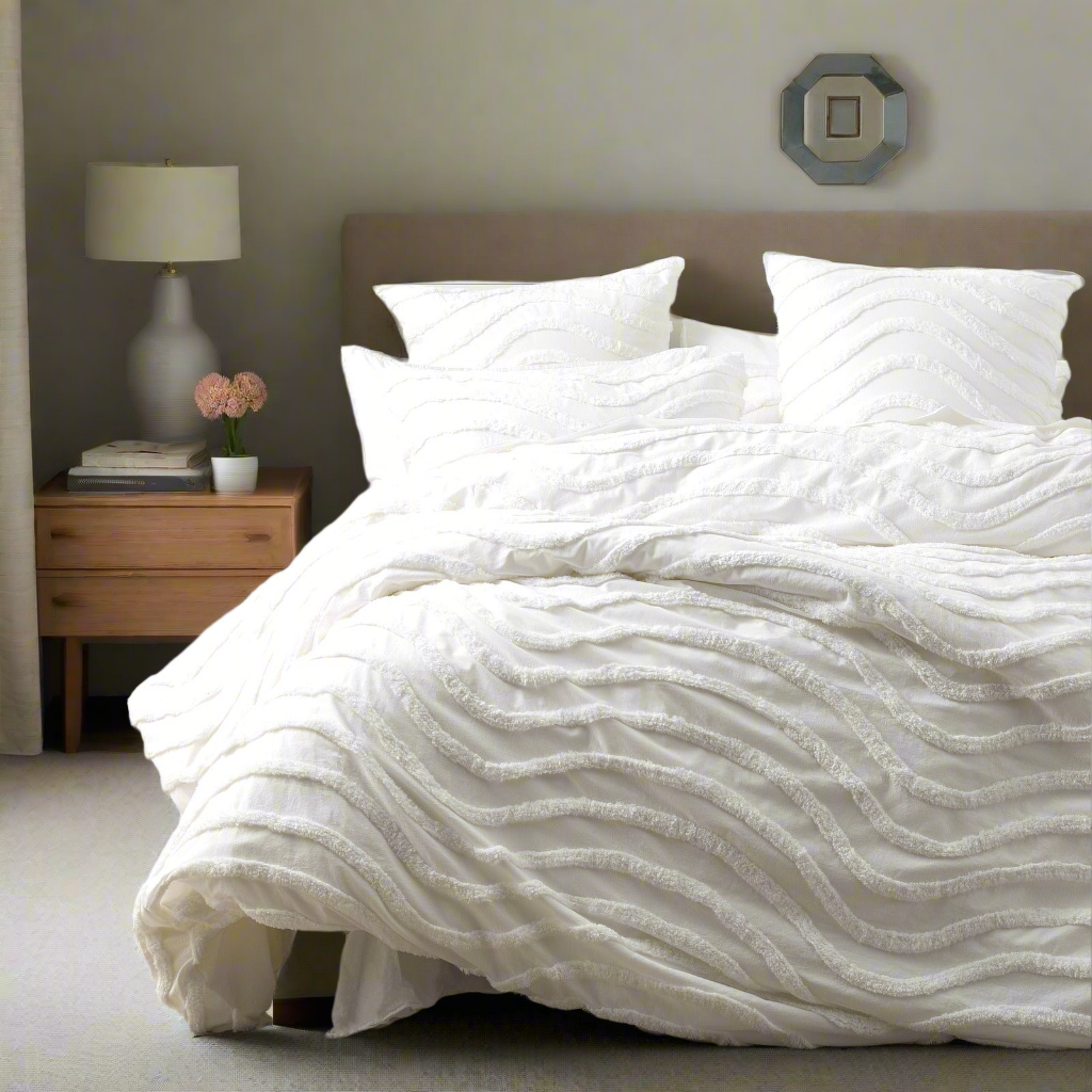 Chenille Wave 100% Cotton Vintage Washed White Tufted European Pillowcase by Cloud Linen