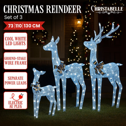Christabelle Christmas Reindeer Display Set 3 Indoor & Outdoor Decorations Acrylic Beads Cool White LED Lights Silver