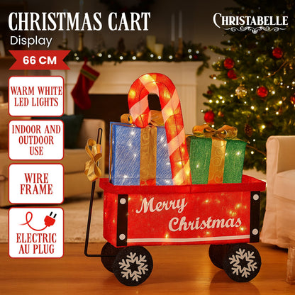 Christabelle Christmas Cart Display w/Candy Cane & Presents Warm White LED Lights Wire Frame Structure Indoor & Outdoor