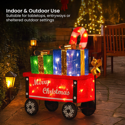 Christabelle Christmas Cart Display w/Candy Cane & Presents Warm White LED Lights Wire Frame Structure Indoor & Outdoor