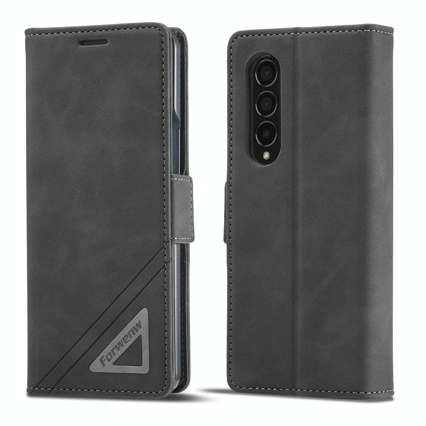 Leather Dual Side Buckle Phone Cover for Samsung Galaxy z Fold 4 - Black