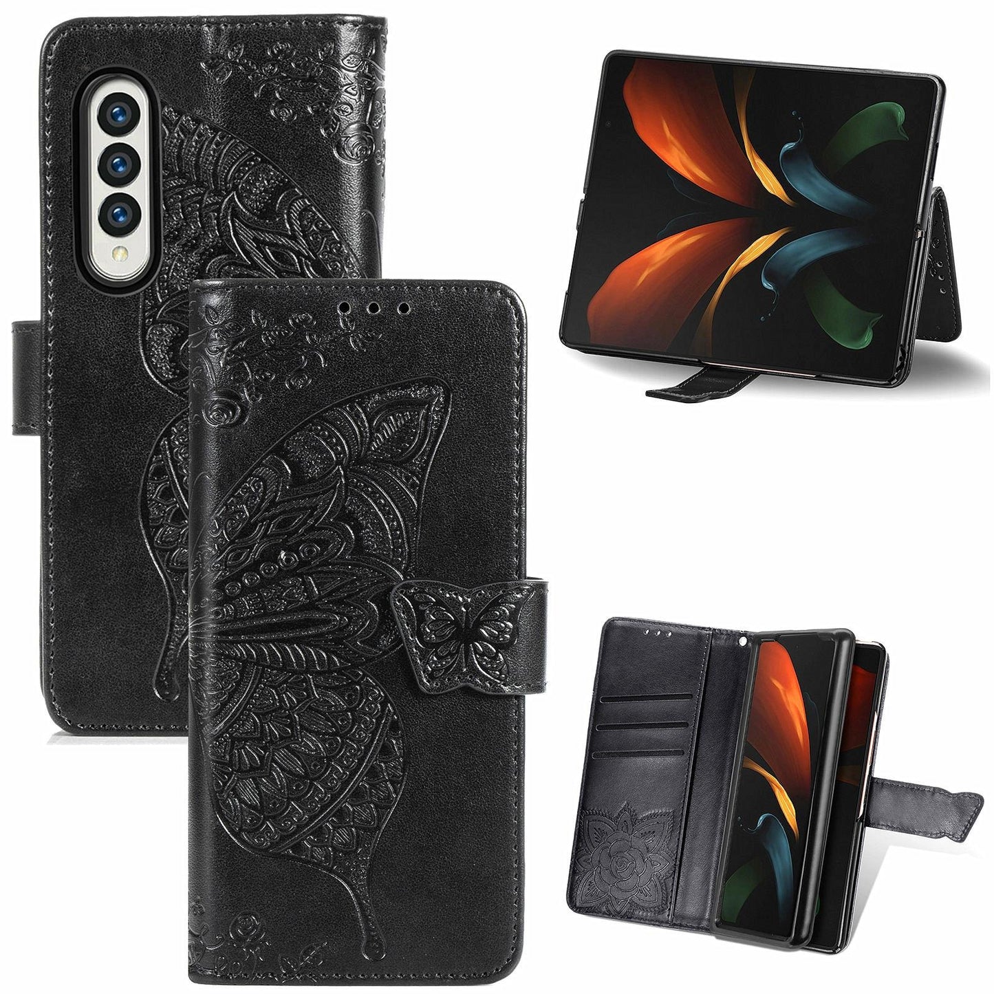 Embossed Butterfly Love Leather Case for Samsung Galaxy z Fold 4 - Flower Design - Black