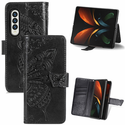 Embossed Butterfly Love Leather Case for Samsung Galaxy z Fold 4 - Flower Design - Black