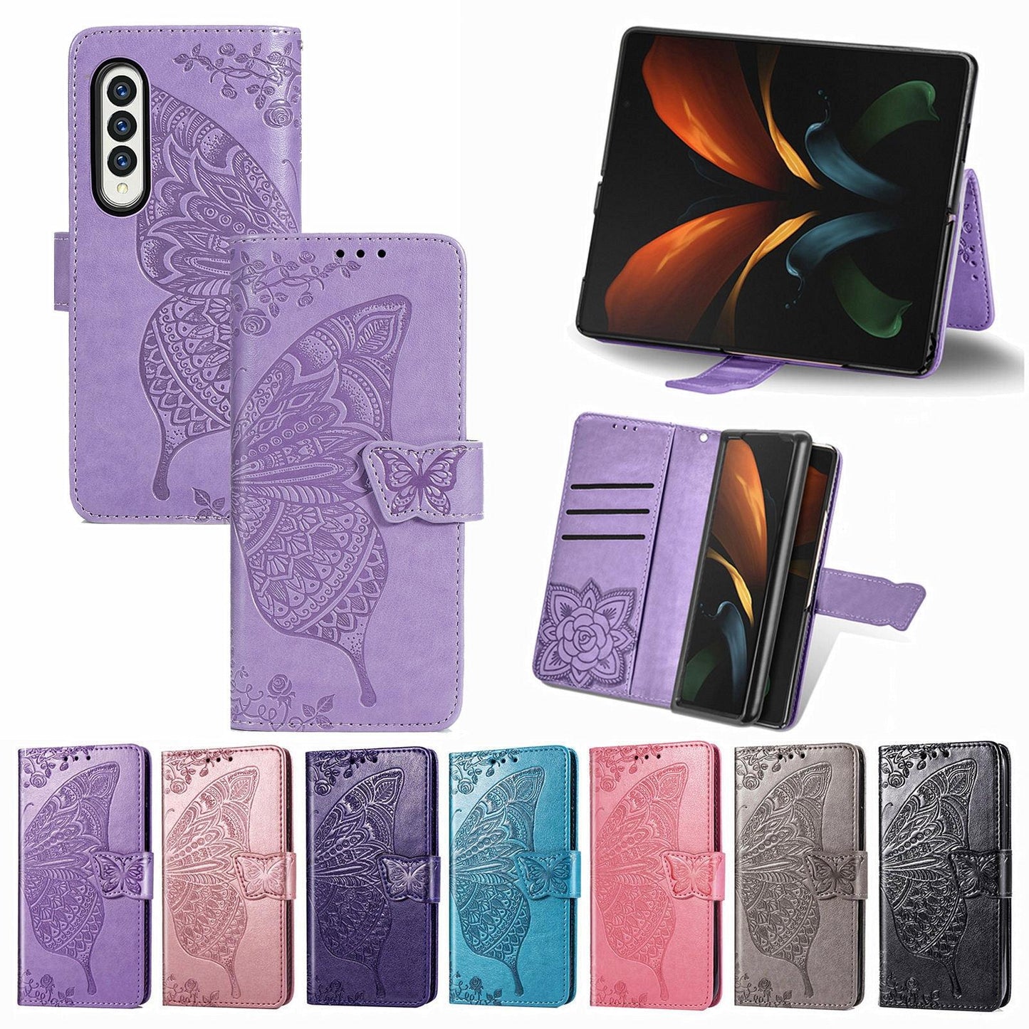 Embossed Butterfly Love Leather Case for Samsung Galaxy z Fold 4 - Flower Design - Black