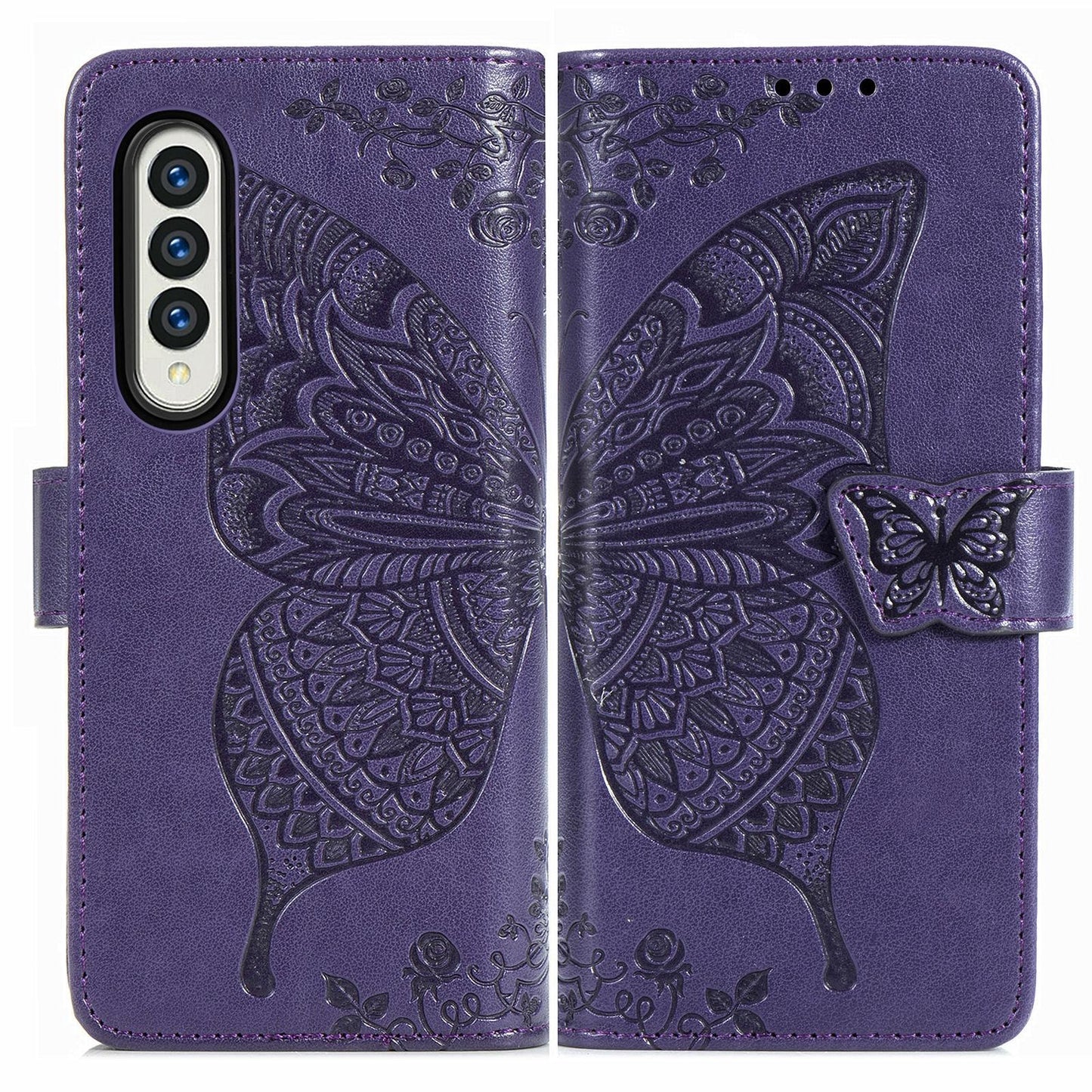 Embossed Butterfly Love Leather Case for Samsung Galaxy z Fold 4 - Flower Design - Black