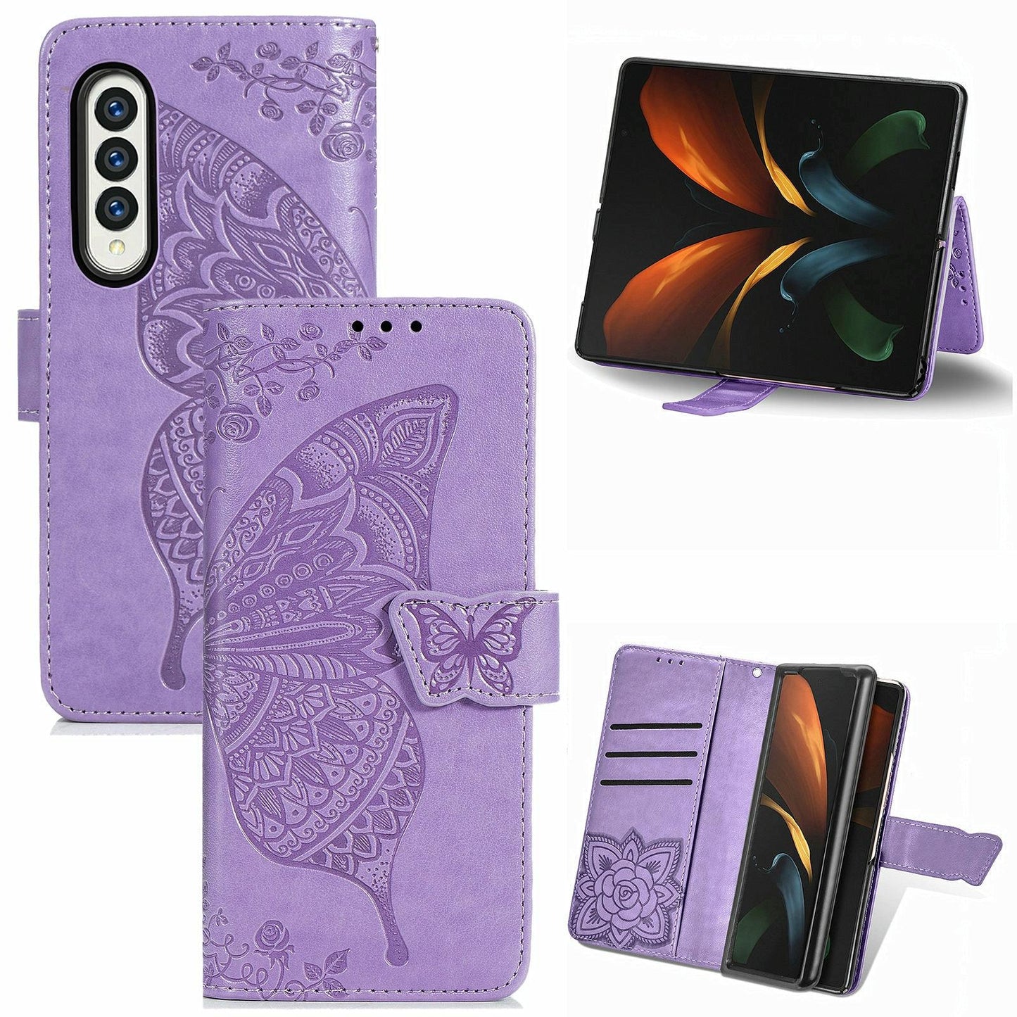 Embossed Butterfly Love Leather Case for Samsung Galaxy z Fold 4 - Flower Design - Black