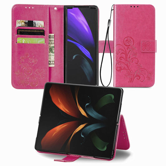 Embossed Leather Phone Case for Samsung Galaxy z Fold 4 with Four Leaf Clasp - Magenta