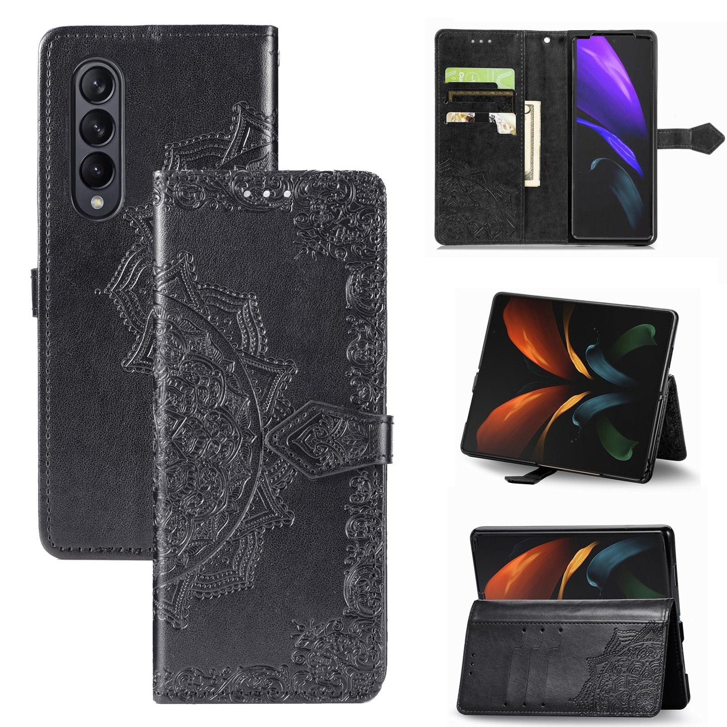 Embossed Mandala Leather Phone Case for Samsung Galaxy z Fold 4 - Black