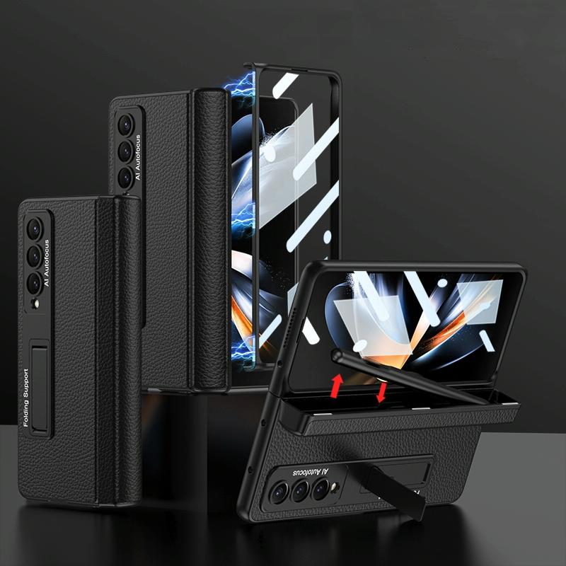 Leather Phone Case with Foldable Hinge and Holder - Black