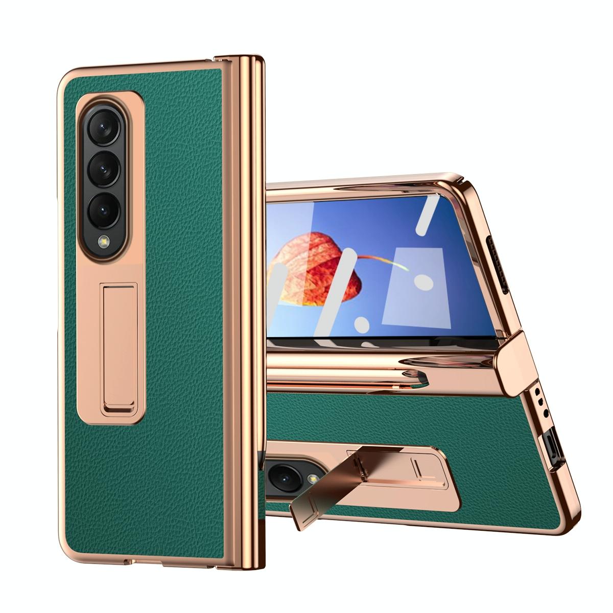 Premium Litchi Leather Hinged Phone Case for Samsung Galaxy z Fold 4 - with Pen - Green