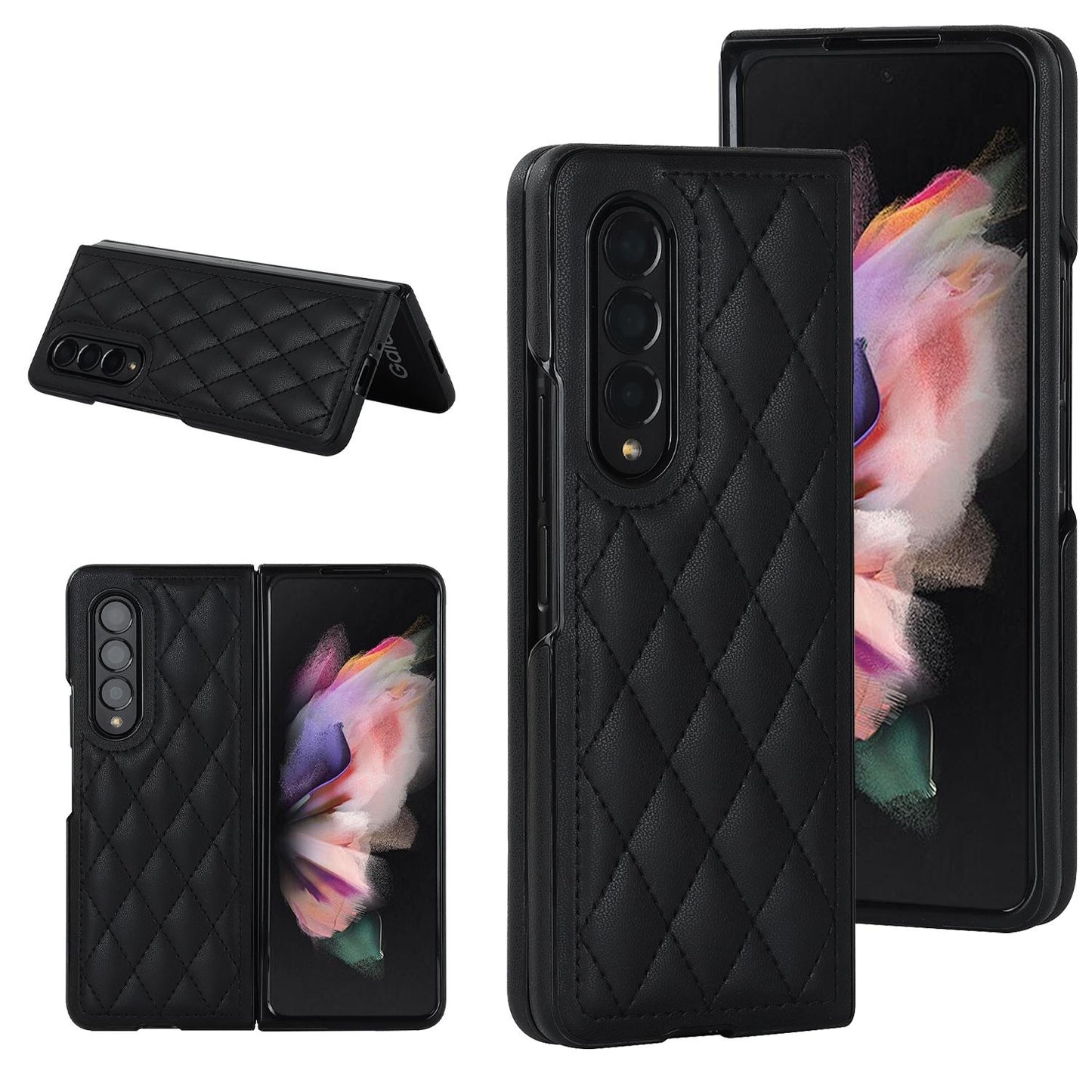 Foldable Microfiber Phone Case for Samsung Galaxy z Fold 4 - Rhombic Design - Black