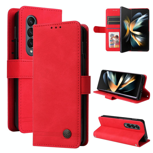 Metal Button Leather Case for Samsung Galaxy z Fold 4 / 5g - Tree Design - Red