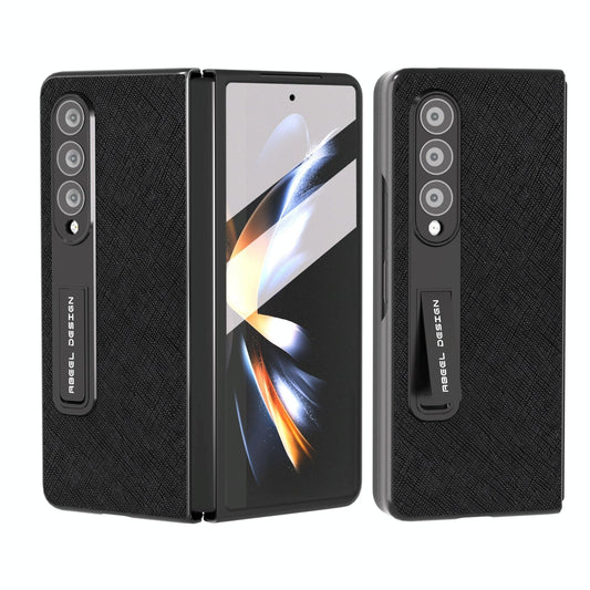 Cross Texture Leather Phone Case with Holder for Samsung Galaxy z Fold 4 5g - Black