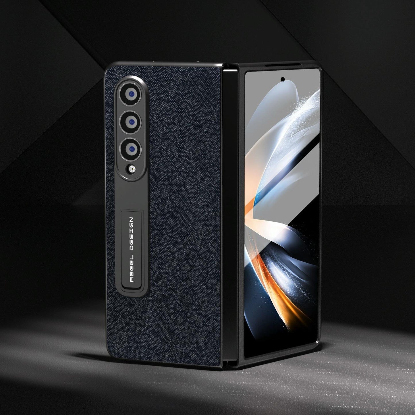 Cross Texture Leather Phone Case with Holder for Samsung Galaxy z Fold 4 5g - Black