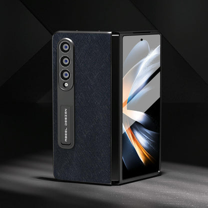 Cross Texture Leather Phone Case with Holder for Samsung Galaxy z Fold 4 5g - Black