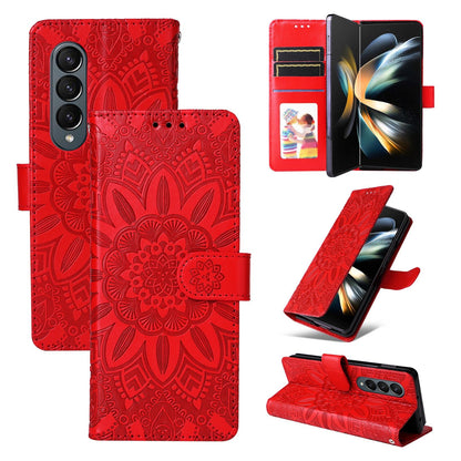 Sunflower Embossed Leather Phone Case for Samsung Galaxy z Fold 4 / 5g - Red