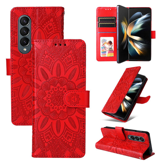 Sunflower Embossed Leather Phone Case for Samsung Galaxy z Fold 4 / 5g - Red