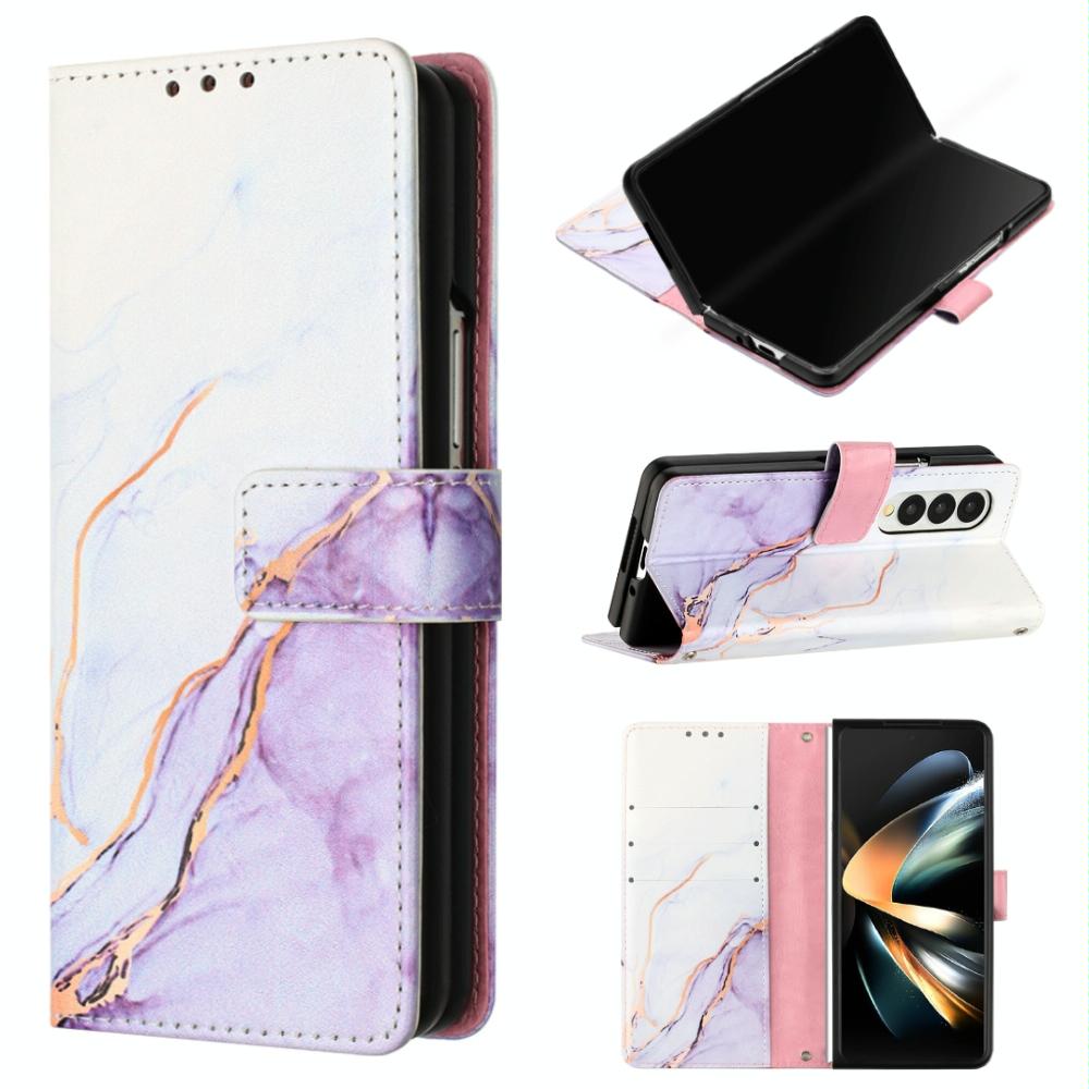 Marble Leather Flip Case for Samsung Galaxy z Fold 4 - Pink Purple Gold Ls001