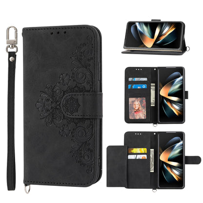 Floral Leather Phone Wallet for Samsung Galaxy z Fold 4 - Embossed - Black
