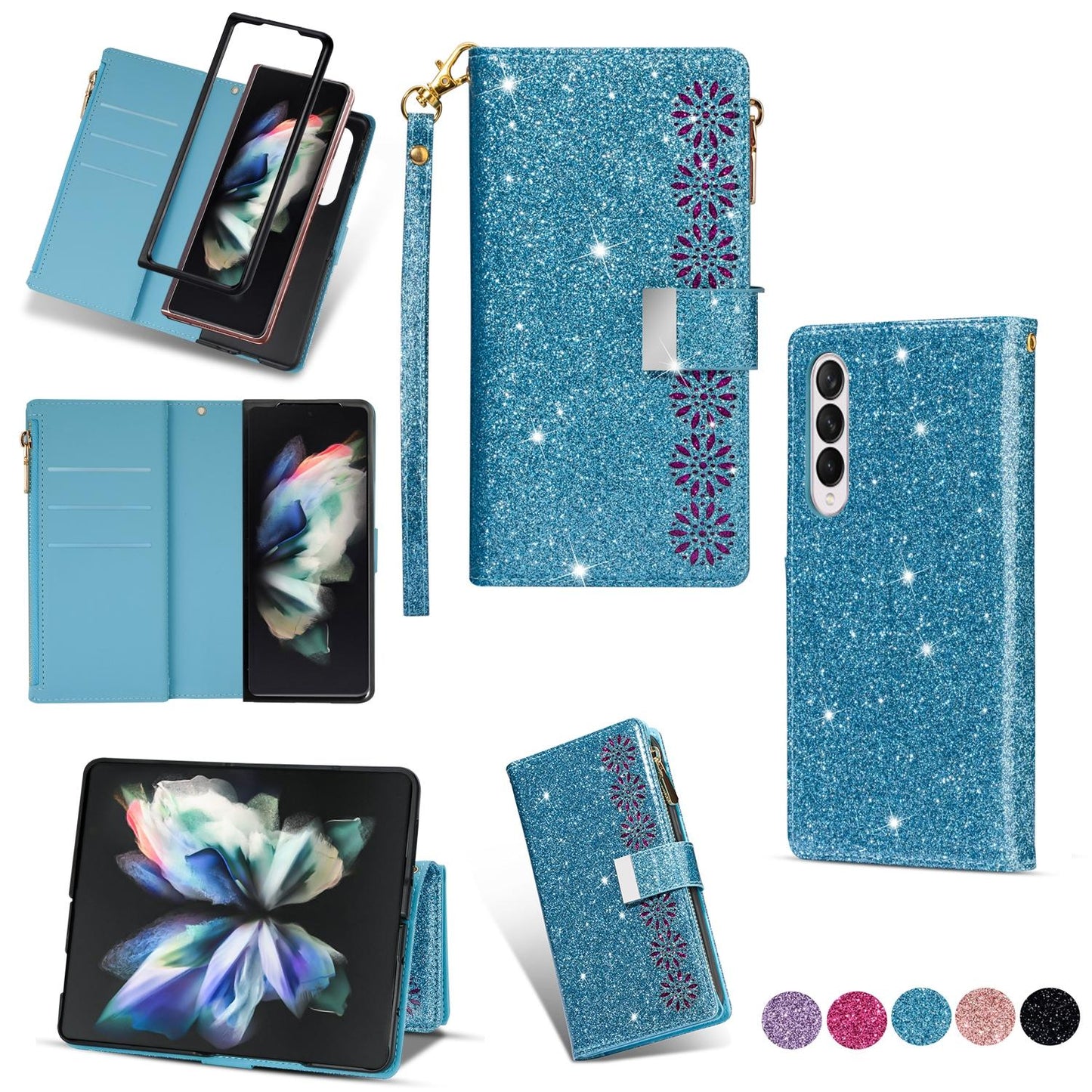 Sparkling Leather Zip Case for Samsung Galaxy z Fold 4 - Zipper Closure - Sky Blue