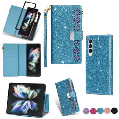 Sparkling Leather Zip Case for Samsung Galaxy z Fold 4 - Zipper Closure - Sky Blue