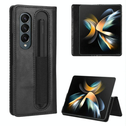 Vintage Leather Phone Case for Samsung Galaxy z Fold 4 5g with Magnetic Buckle - Black