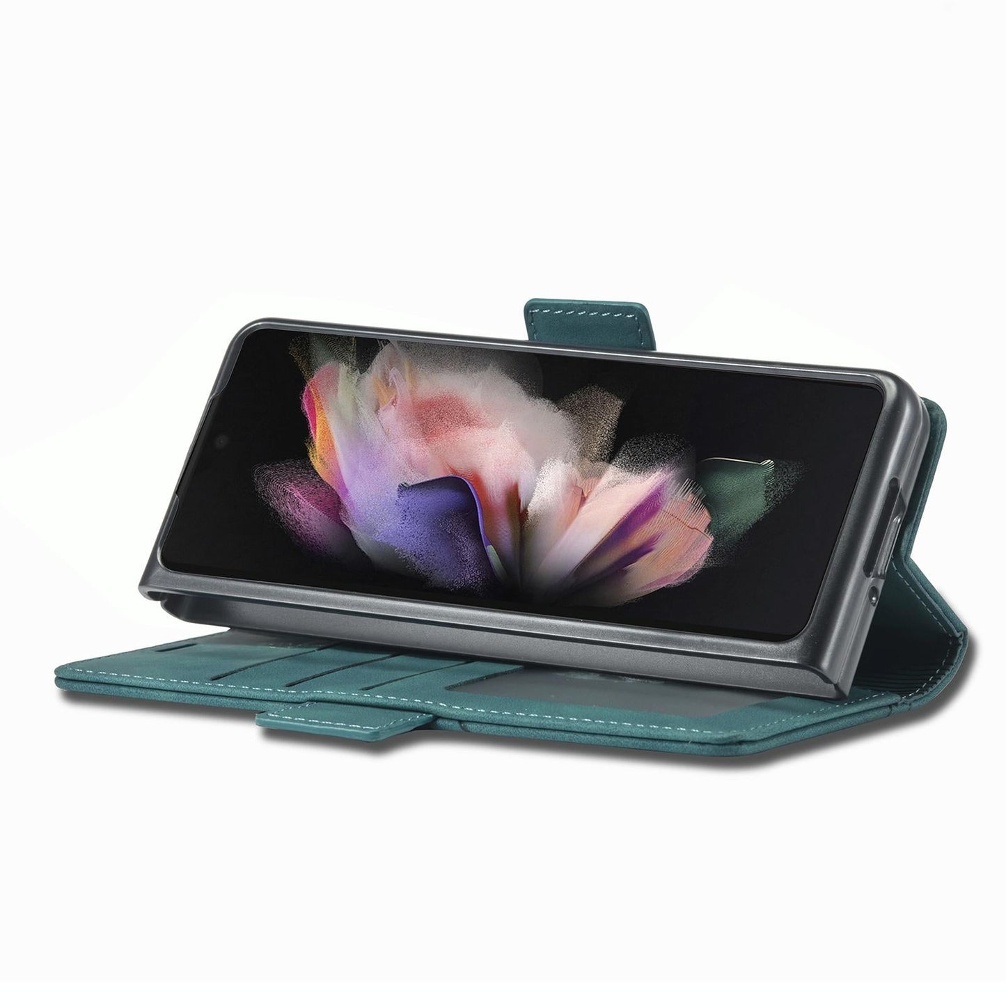 Leather Dual Side Buckle Phone Cover for Samsung Galaxy z Fold 4 - Dark Cyan