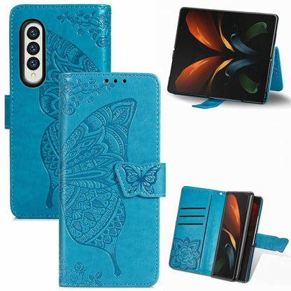 Embossed Butterfly Love Leather Case for Samsung Galaxy z Fold 4 - Flower Design - Blue