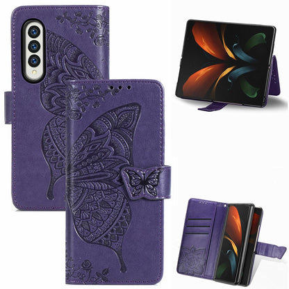Embossed Butterfly Love Leather Case for Samsung Galaxy z Fold 4 - Flower Design - Blue