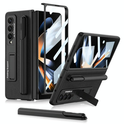 Leather Case with Holder & Pen Slots for Samsung Galaxy z Fold 4 - Thin & Shockproof - Black