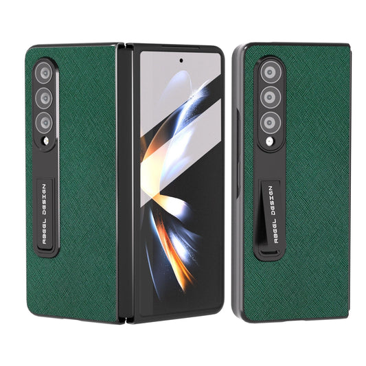 Cross Texture Leather Phone Case with Holder for Samsung Galaxy z Fold 4 5g - Green