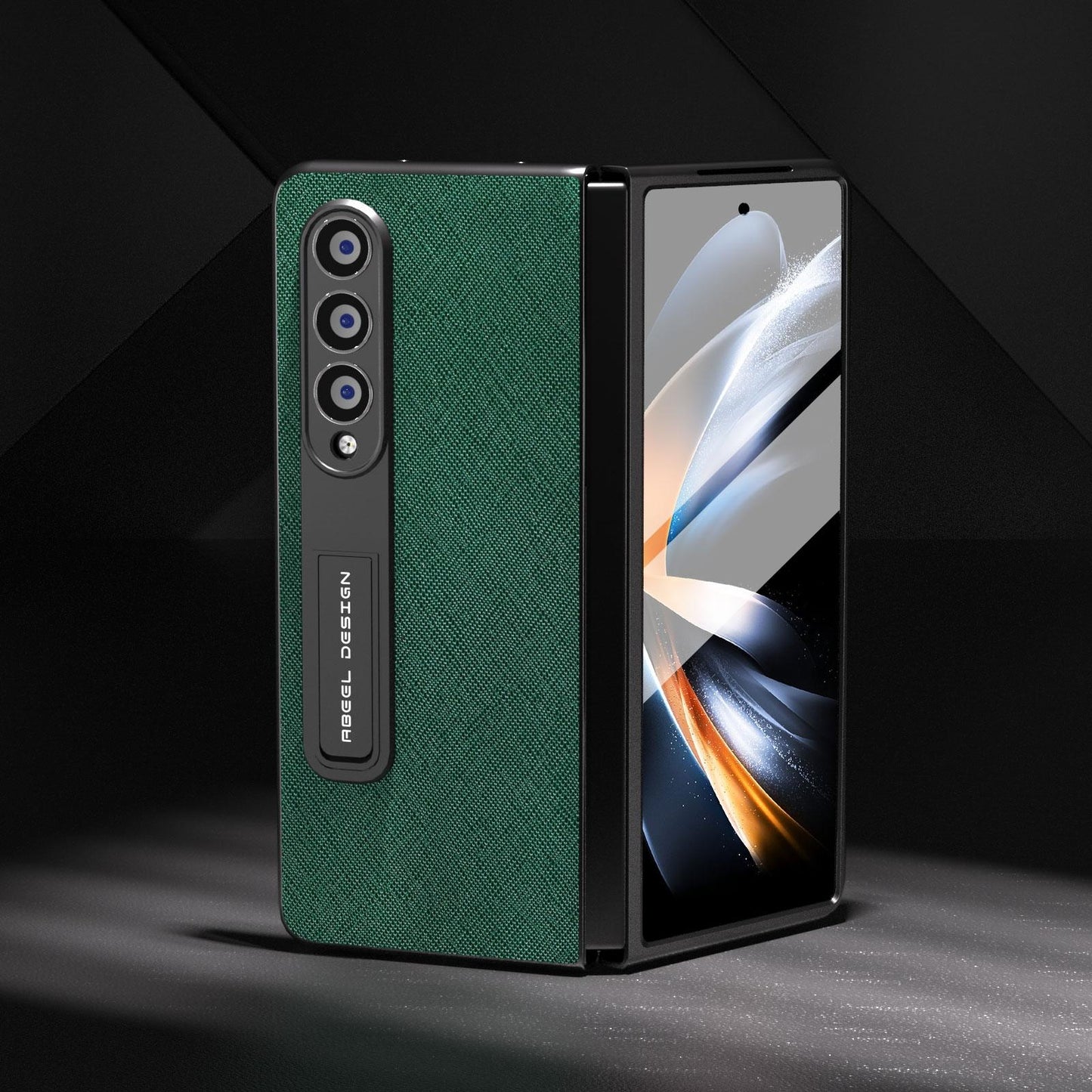 Cross Texture Leather Phone Case with Holder for Samsung Galaxy z Fold 4 5g - Green