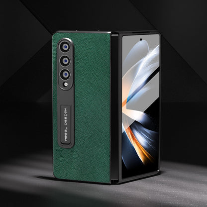 Cross Texture Leather Phone Case with Holder for Samsung Galaxy z Fold 4 5g - Green