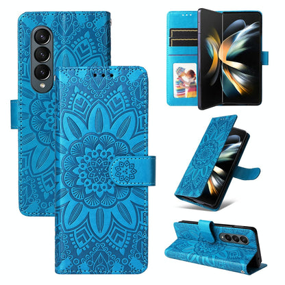 Sunflower Embossed Leather Phone Case for Samsung Galaxy z Fold 4 / 5g - Blue