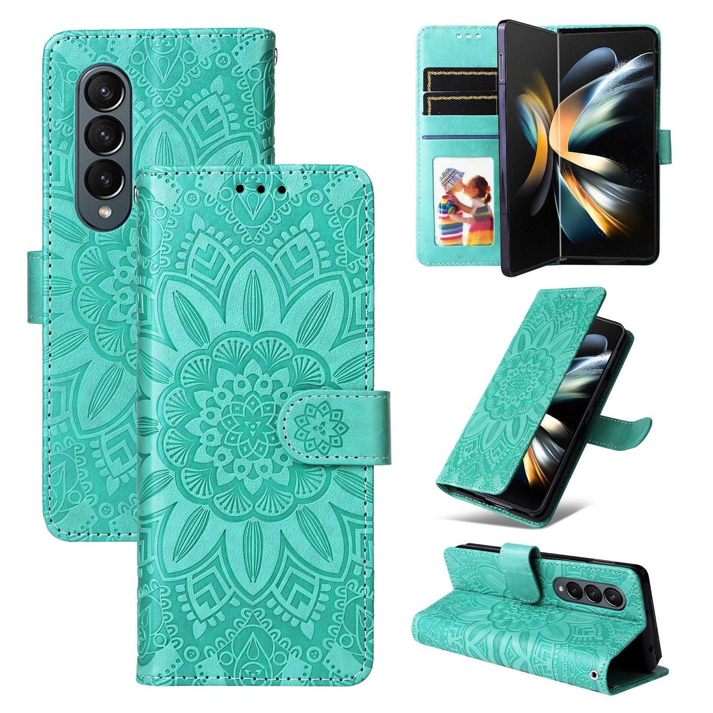Sunflower Embossed Leather Phone Case for Samsung Galaxy z Fold 4 / 5g - Blue