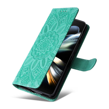 Sunflower Embossed Leather Phone Case for Samsung Galaxy z Fold 4 / 5g - Blue