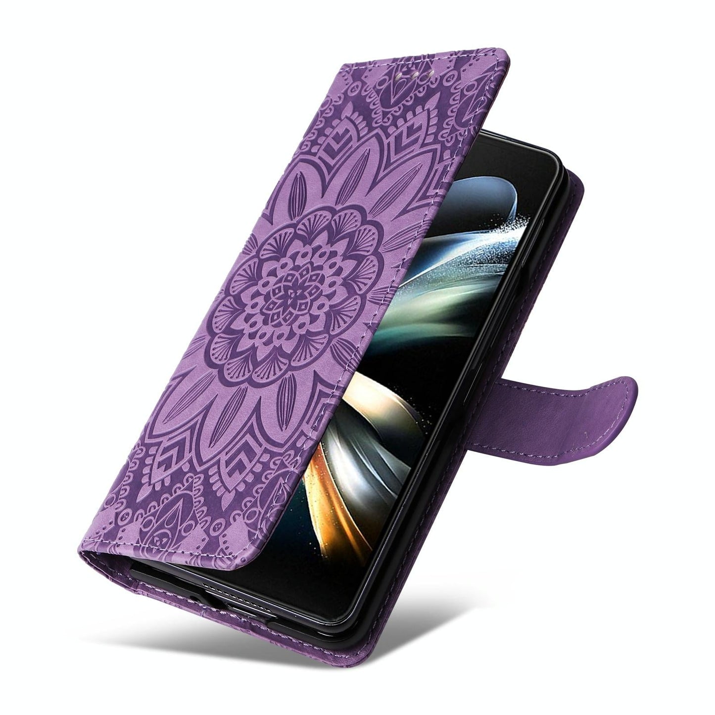 Sunflower Embossed Leather Phone Case for Samsung Galaxy z Fold 4 / 5g - Blue