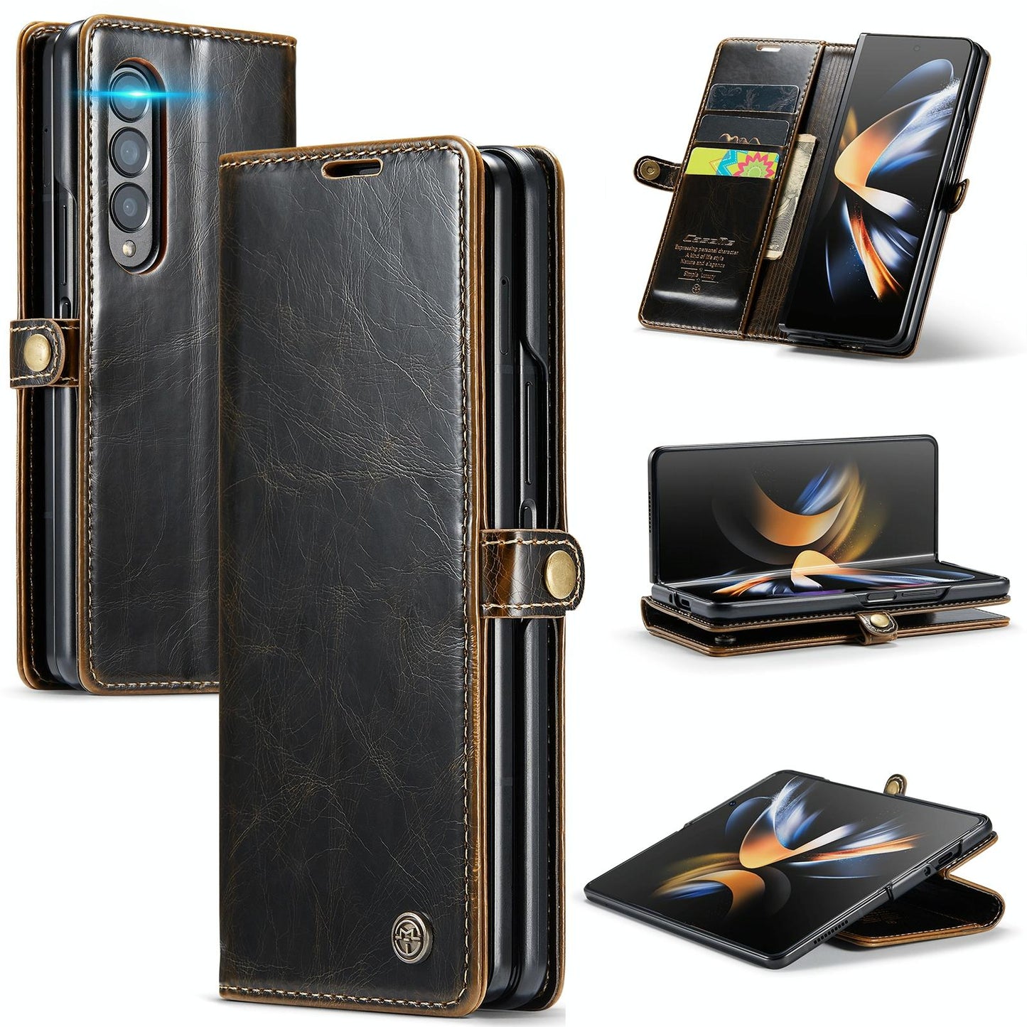 Premium Crazy Horse Leather Phone Case for Samsung Galaxy z Fold 4 - Coffee