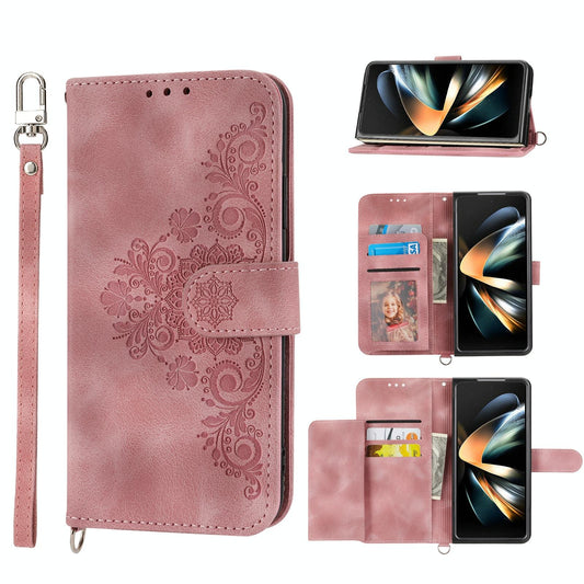 Floral Leather Phone Wallet for Samsung Galaxy z Fold 4 - Embossed - Pink