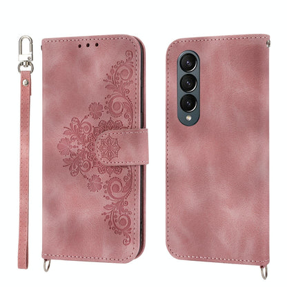 Floral Leather Phone Wallet for Samsung Galaxy z Fold 4 - Embossed - Pink