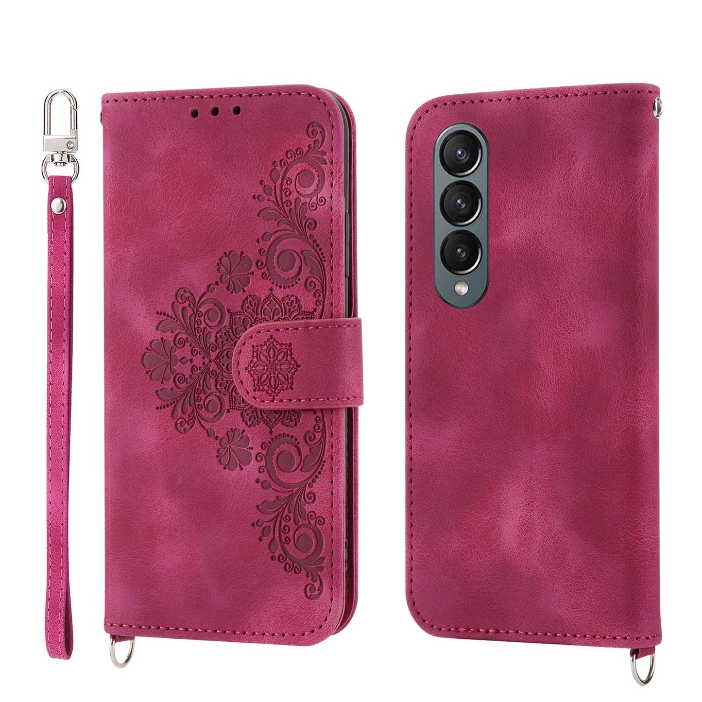 Floral Leather Phone Wallet for Samsung Galaxy z Fold 4 - Embossed - Pink