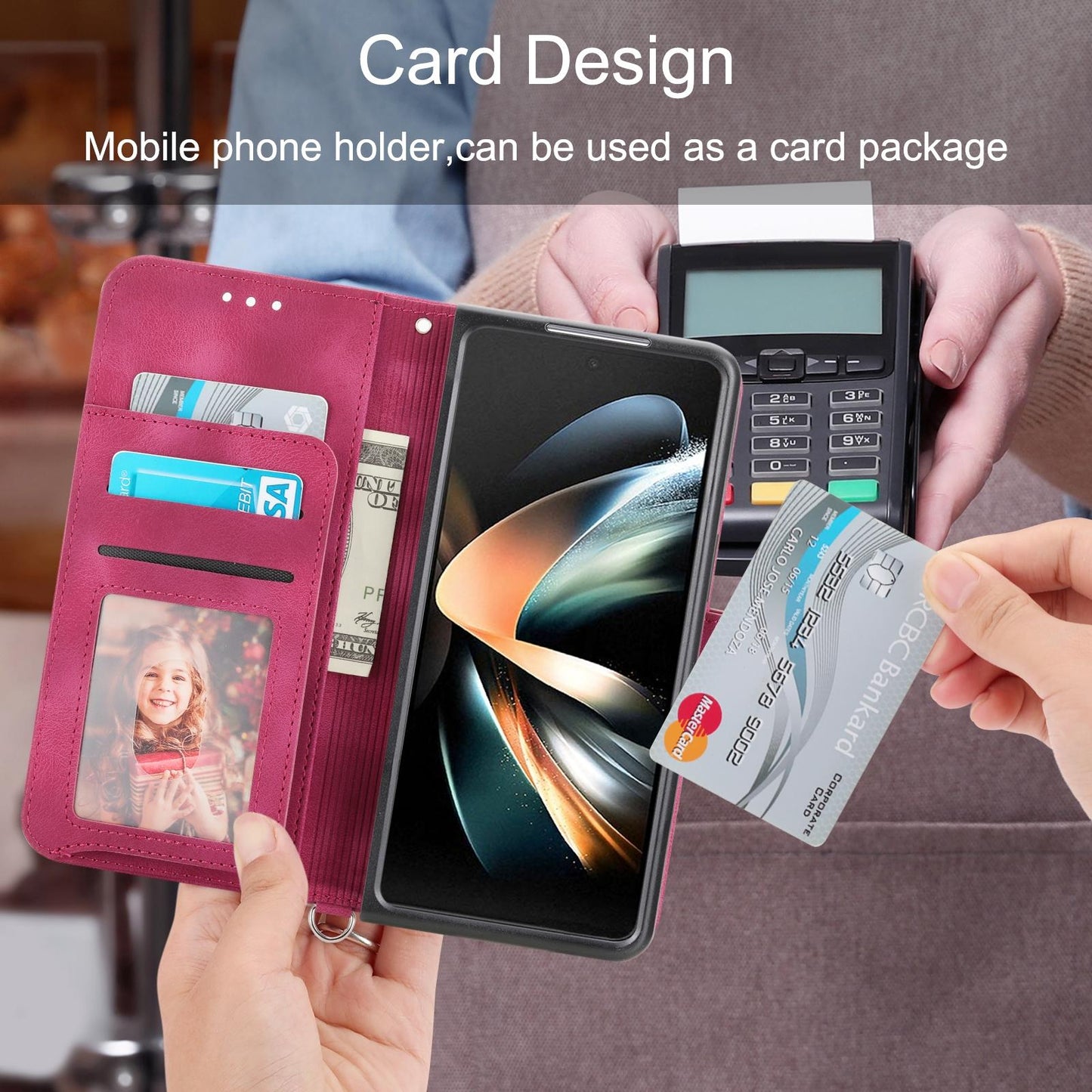 Floral Leather Phone Wallet for Samsung Galaxy z Fold 4 - Embossed - Pink