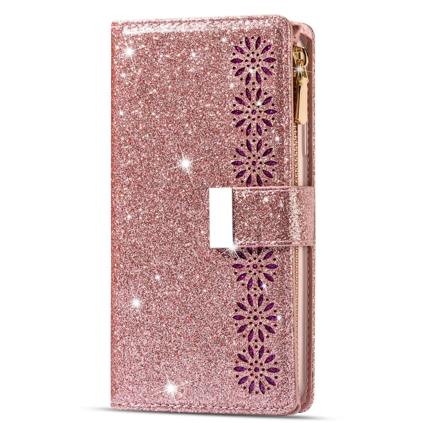 Sparkling Leather Zip Case for Samsung Galaxy z Fold 4 - Zipper Closure - Rose Red