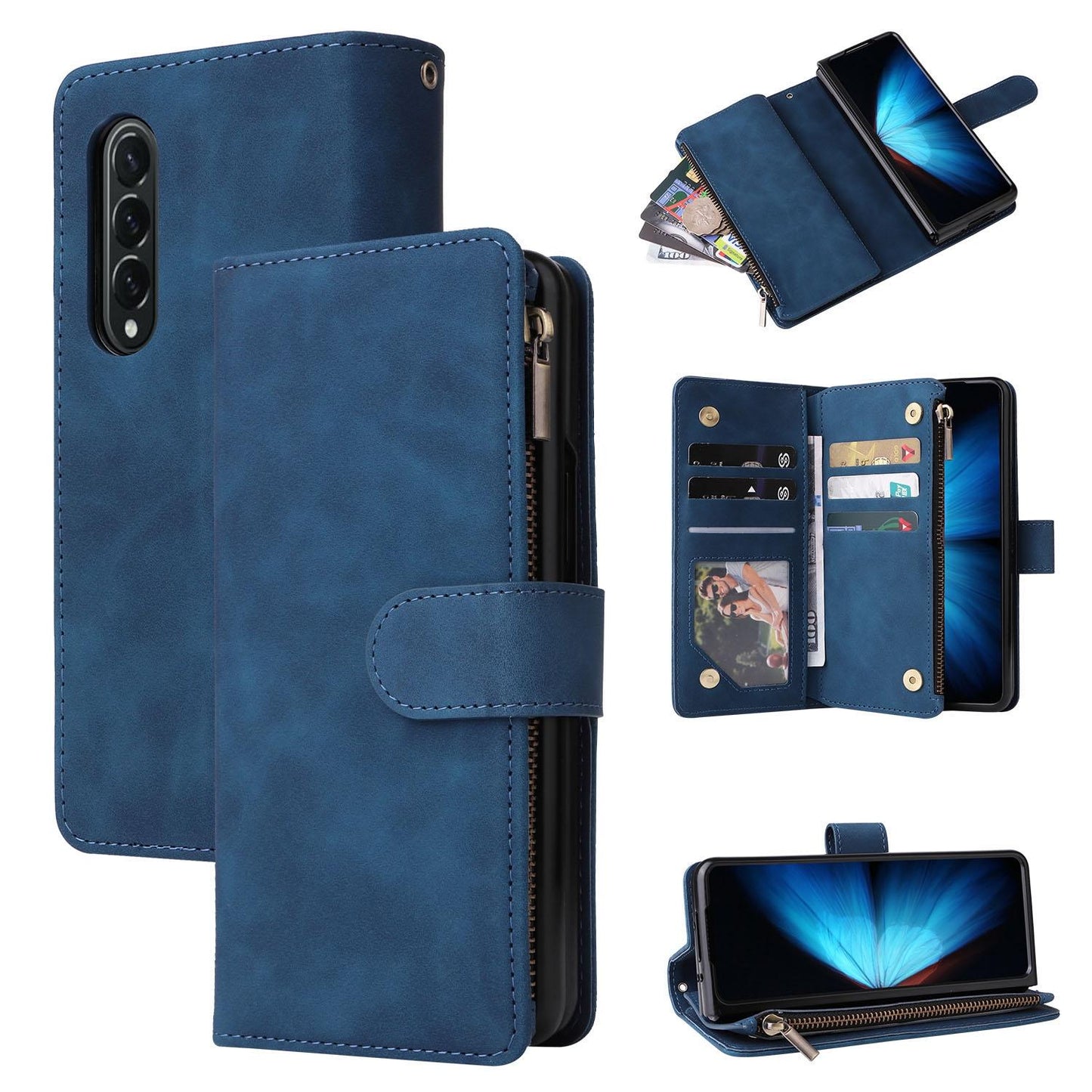 Frosted Leather Zip Wallet for Samsung Galaxy z Fold 4 - Compact and Stylish - Blue