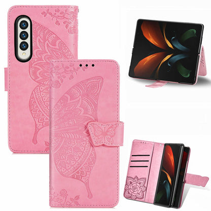 Embossed Butterfly Love Leather Case for Samsung Galaxy z Fold 4 - Flower Design - Pink