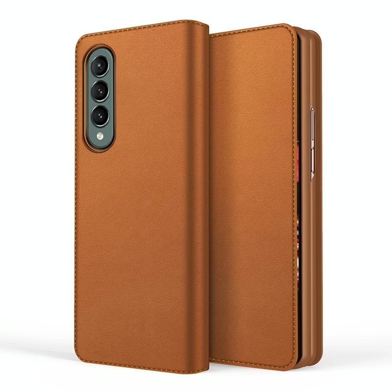 Foldable Leather Phone Case for Samsung Galaxy z Fold 4 - Horizontal Flip - Plain Brown